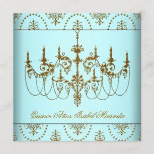 Invitation Chandelier Quinceanera Bleu Turquoise Or