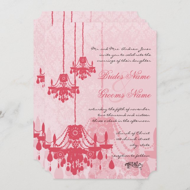 Invitation Chandelier rose glace fraise Mariage damassé (Devant / Derrière)