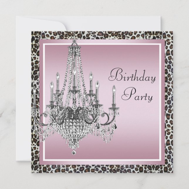 Invitation Chandelier Rose Léopard Noir Fête d'Anniversaire (Devant)