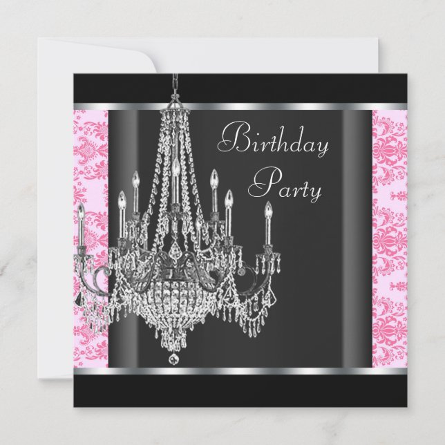 Invitation Chandelier rose noir Damas fête d'anniversaire (Devant)