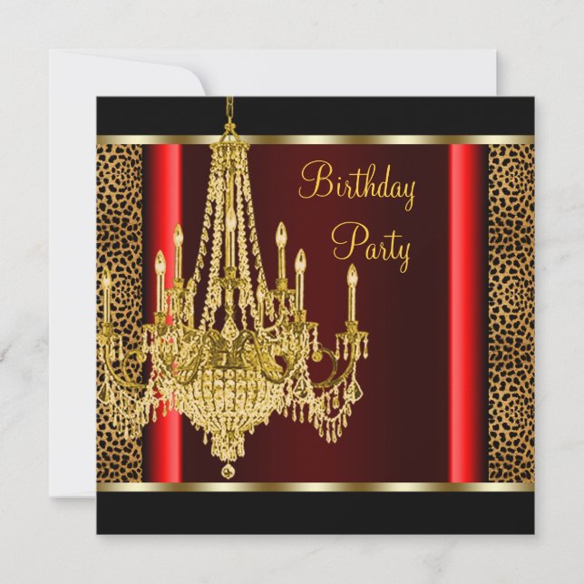 Invitation Chandelier rouge or Leopard fête d'anniversaire (Devant)