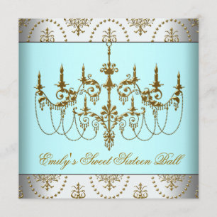 Invitation Chandelier sarcelle et or Classe Sweet Sixteen Bal