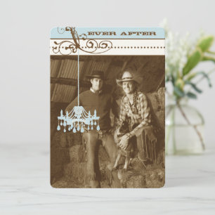 Invitation Chandelier Vintage bleu et Brown Damas Votre photo