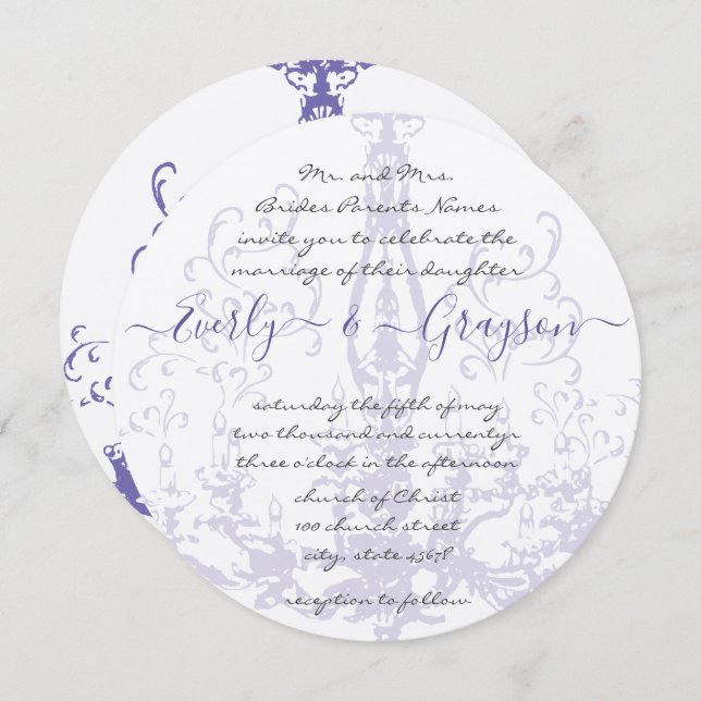 Invitation Chandelier Vintage  Lilac Mariage (Devant / Derrière)