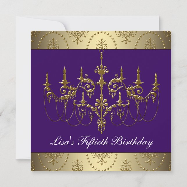 Invitation Chandelier violet or femmes 50e anniversaire (Devant)
