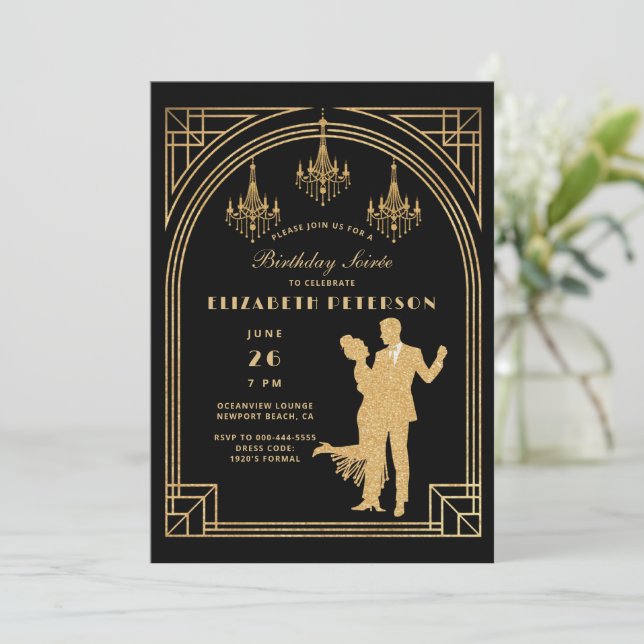 Invitation Chandeliers Déco Gatsby Roaring 20s Cadre Annivers (Debout devant)