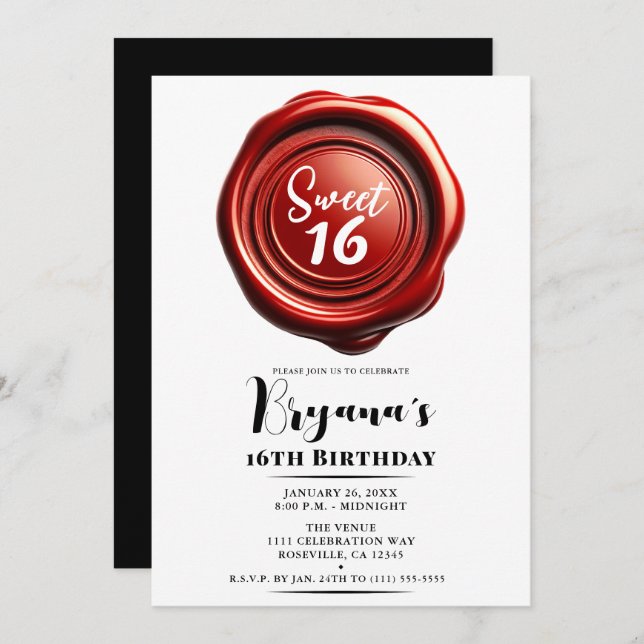 Invitation Chandelle rouge Cire Sceau élégant Classy Sweet 16 (Devant / Derrière)