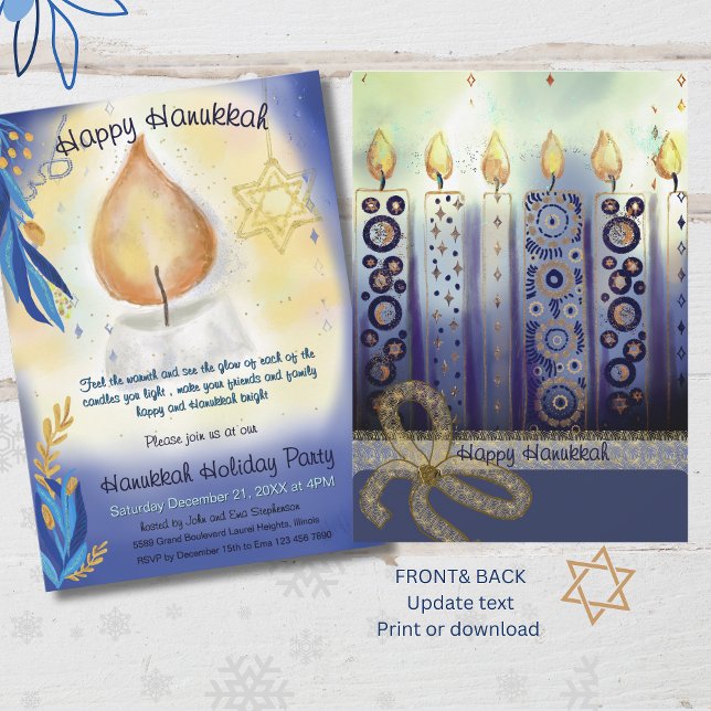 Invitation Chandelles lumineuses aquarelle Happy Hanoukka (Light Candles watercolor Happy Hanukkah Invitation)