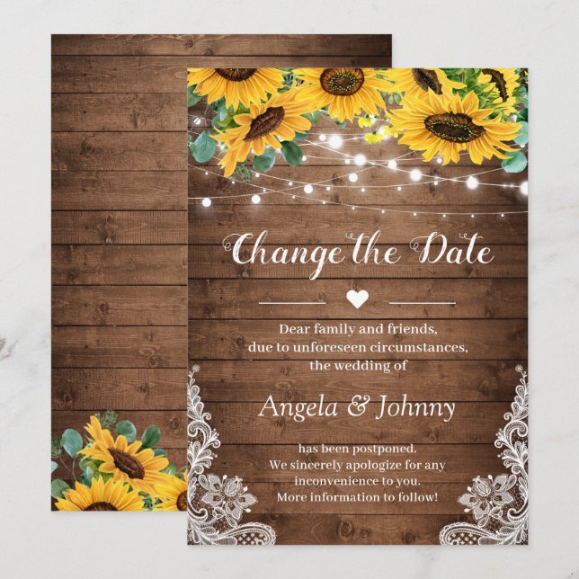 Invitation Change the Date Rustic Sunflowers Guirlande Lumine (Devant / Derrière)