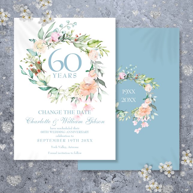 Invitation Changement de date 60e anniversaire Roses Guirland (Change the Date 60th Anniversary Roses Garland Invitation)