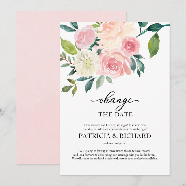 Invitation Changement de date Blush Fleurs Mariage Report (Devant / Derrière)