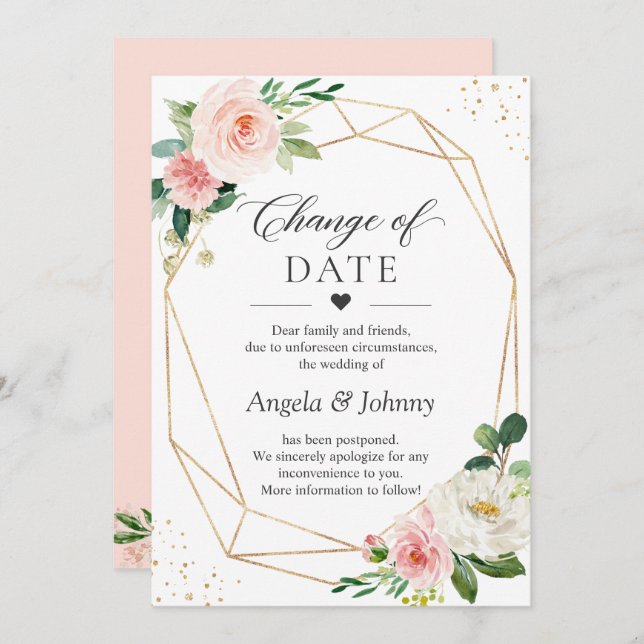 Invitation Changement de date Blush rose Floral Or Géométriqu (Devant / Derrière)