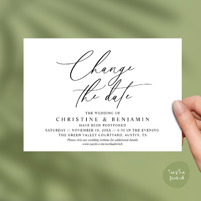 Invitation Changement de Date de Mariage Élégant Reporté  (Elegant Script Change the Date Wedding Postponement Invitation Card in Black and White)