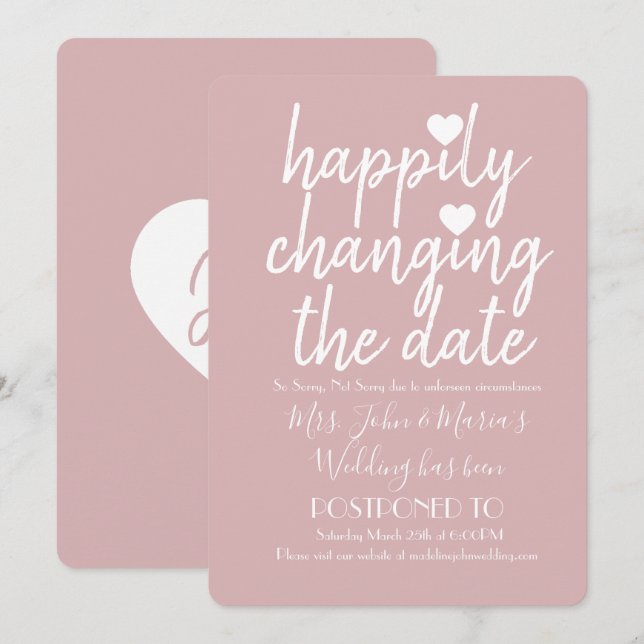 Invitation Changement de date de mariage rose tendre avec bon (Devant / Derrière)