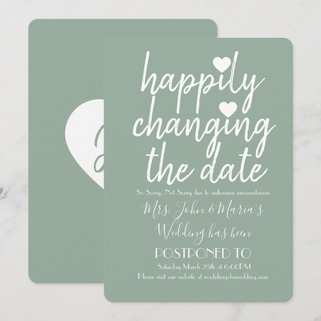 Invitation Changement de date de mariage sage vert heureux (Devant / Derrière)