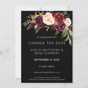 Invitation Changement de date floral Bourgogne Marsala - Noir
