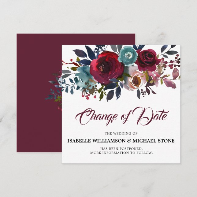 Invitation Changement de date Mariage floral bordeaux (Devant / Derrière)