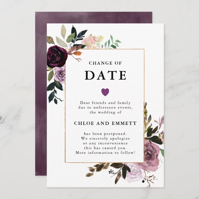 Invitation Changement de date Mariage floral rose mauve viole (Devant / Derrière)
