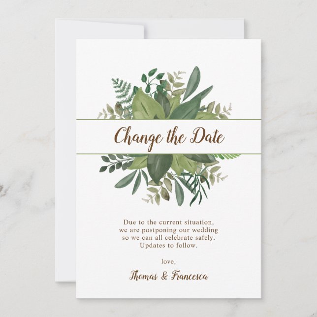 Invitation Changement de date mariage reporté feuilles rustiq (Devant)