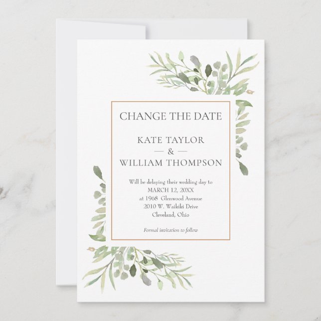 Invitation Changement de Date Moderne à Aquarelle de Verdure (Devant)