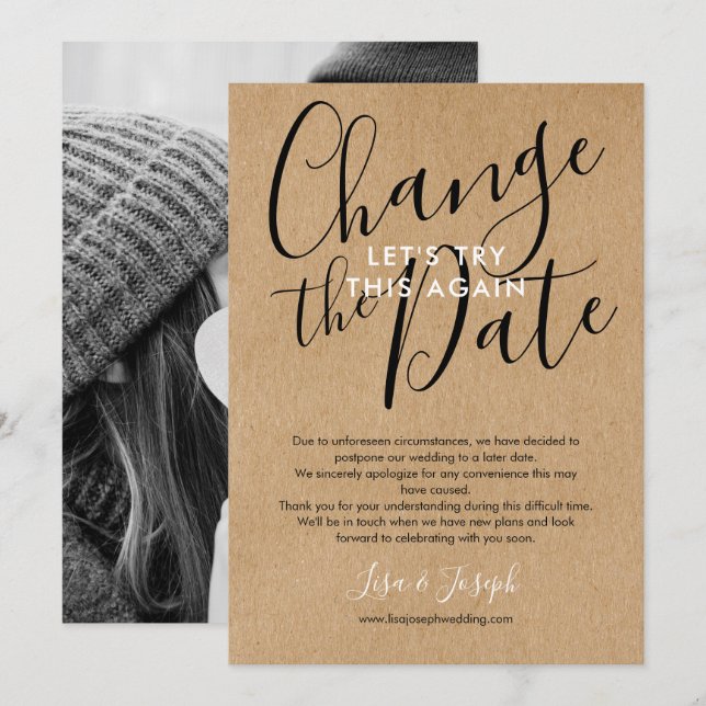 Invitation Changement de date reporté Annulé Photo rustique (Devant / Derrière)
