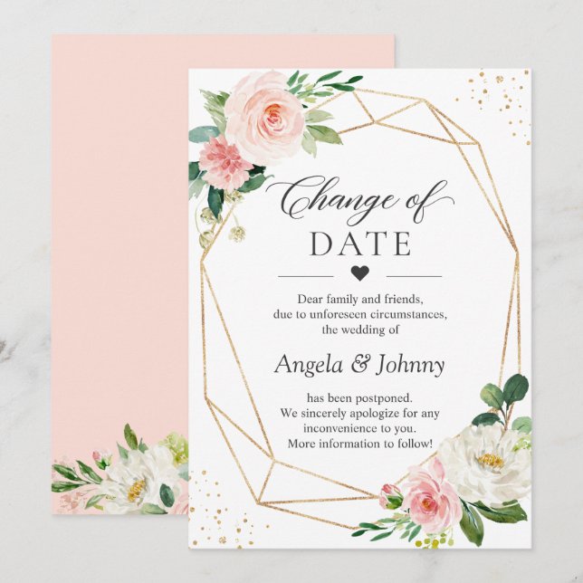 Invitation Changement de date Rose Pâle Floral Géométrique Or (Devant / Derrière)