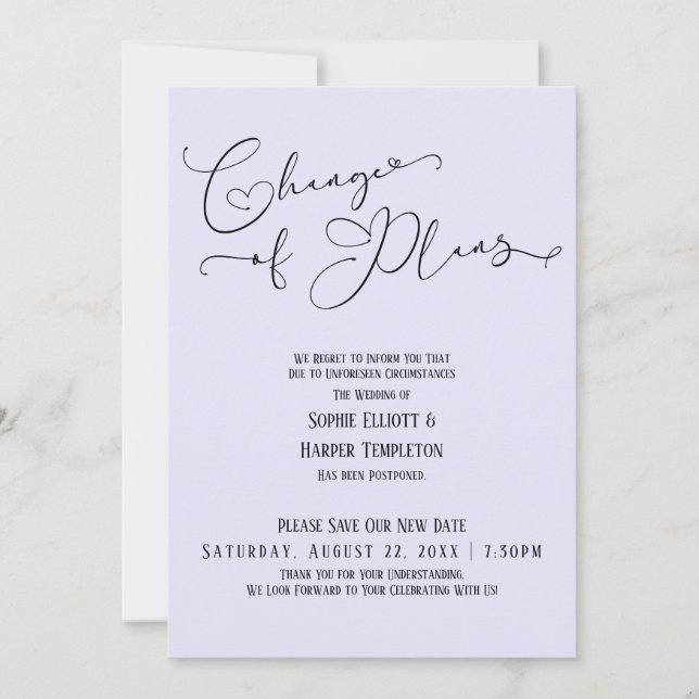 Invitation Changement de plan, Élégant Lavande Nouvelle date  (Devant)