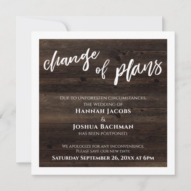 Invitation Changement de plan Reporté Mariage Rustic Wood Car (Devant)