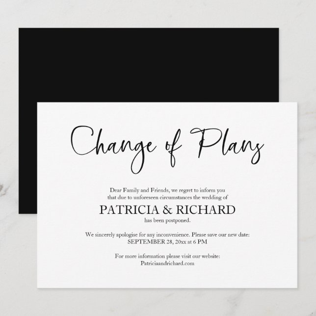 Invitation Changement de plans Annonce de report de mariage (Devant / Derrière)