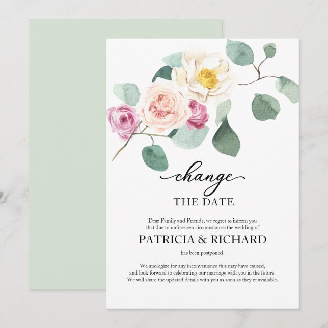 Invitation Changement de plans de mariage Eucalyptus (Devant / Derrière)