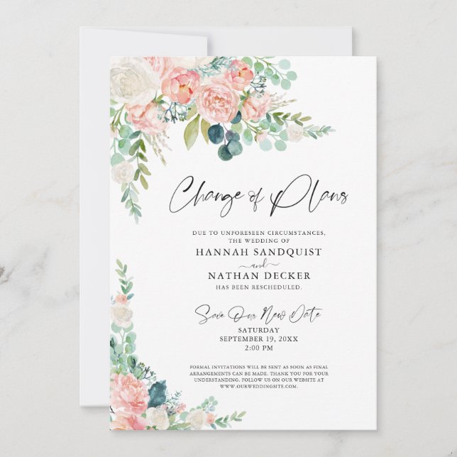 Invitation Changement de plans de mariage floral rose blush (Devant)
