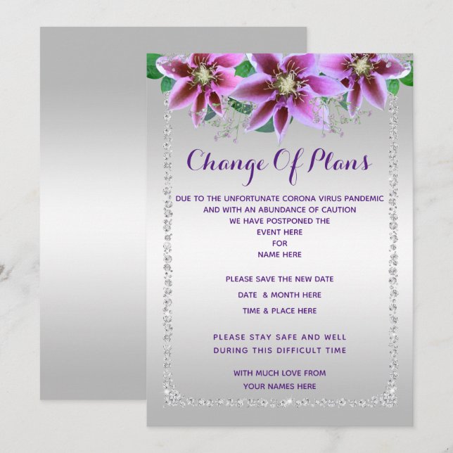 Invitation Changement de plans élégant avec diamants et fleur (Devant / Derrière)
