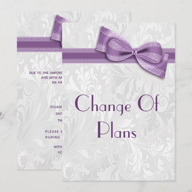 Invitation Changement de plans en damas et violet (Devant / Derrière)