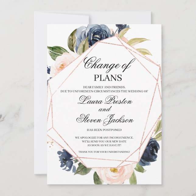 Invitation Changement de plans floral bleu marine et rose blu (Devant)