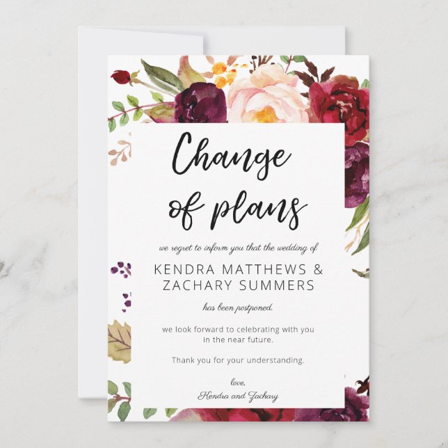 Invitation Changement de plans floral Bourgogne Marsala - Bla (Devant)