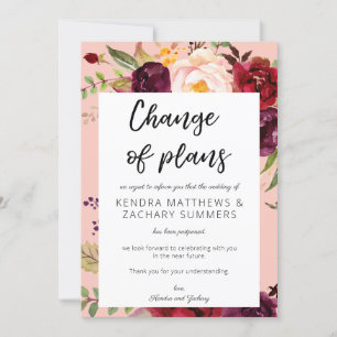 Invitation Changement de plans floral Bourgogne Marsala - Ros