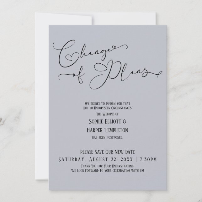 Invitation Changement de plans, nouvelle date de mariage bleu (Devant)