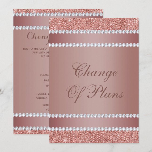 Invitation Changement de plans pailleté or rose et diamant (Devant / Derrière)