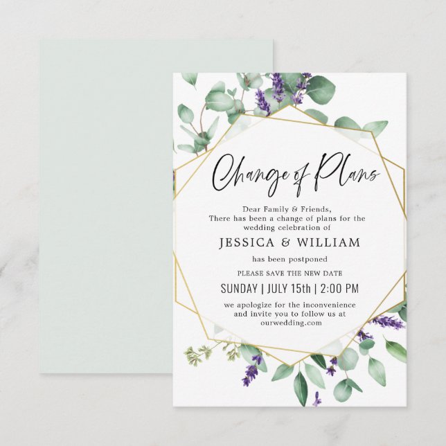 Invitation Changement De Plans Reporté Eucalyptus Lavande (Devant / Derrière)