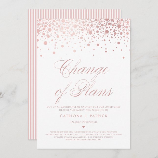 Invitation Changement de plans Rose Gold Foil Confetti Report (Devant / Derrière)