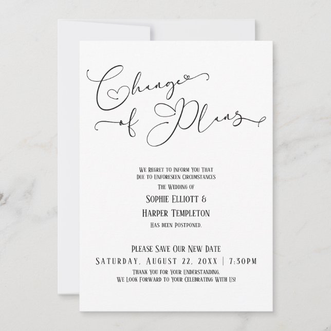 Invitation Changement de plans, simple, nouvelle date de mari (Devant)