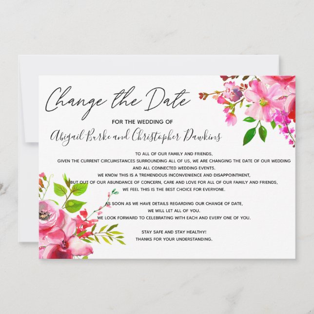 Invitation Changement floral rose ou report de la date (Devant)