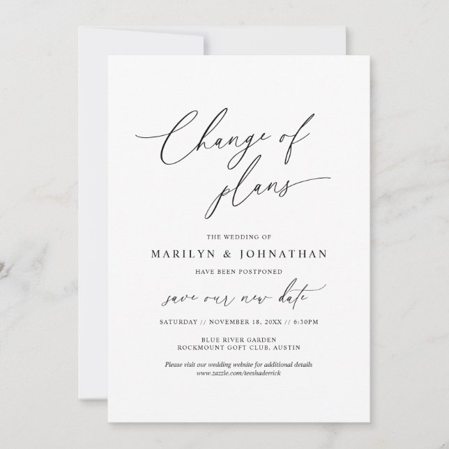 Invitation Changement minimal simple des plans, mariage repor (Devant)