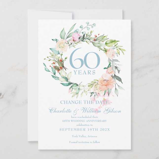 Invitation Changer la Date 60e Anniversaire Roses Guirlande (Devant)