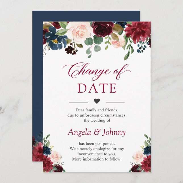 Invitation Changer la date Chic Bourgogne Fleurs Bleu Marine (Devant / Derrière)