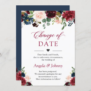 Invitation Changer la date Chic Burgundy Navy Blue Flowers