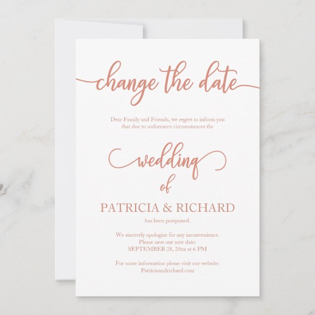 Invitation Changer la date de l'annonce de mariage or rose (Devant)