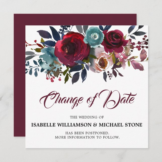 Invitation Changer la date de mariage floral rouge Bourgogne (Devant / Derrière)