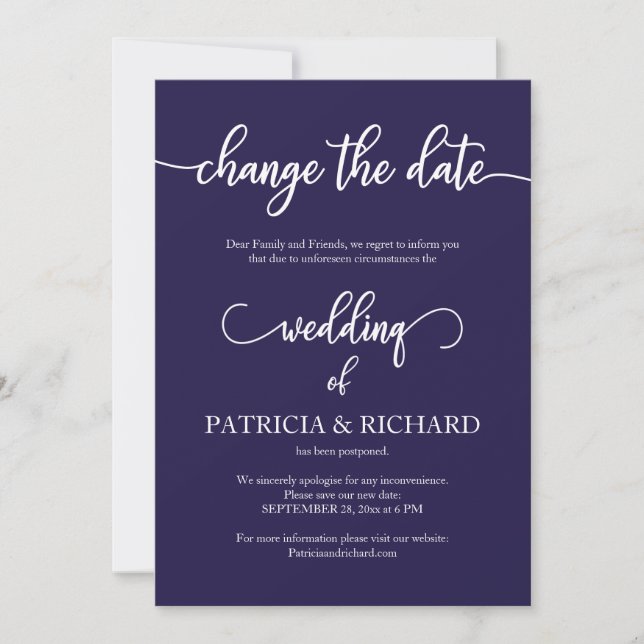 Invitation Changer la date de mariage reportée bleu marine (Devant)