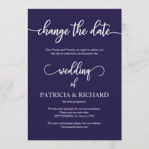 Invitation Changer la date de mariage reportée bleu marine